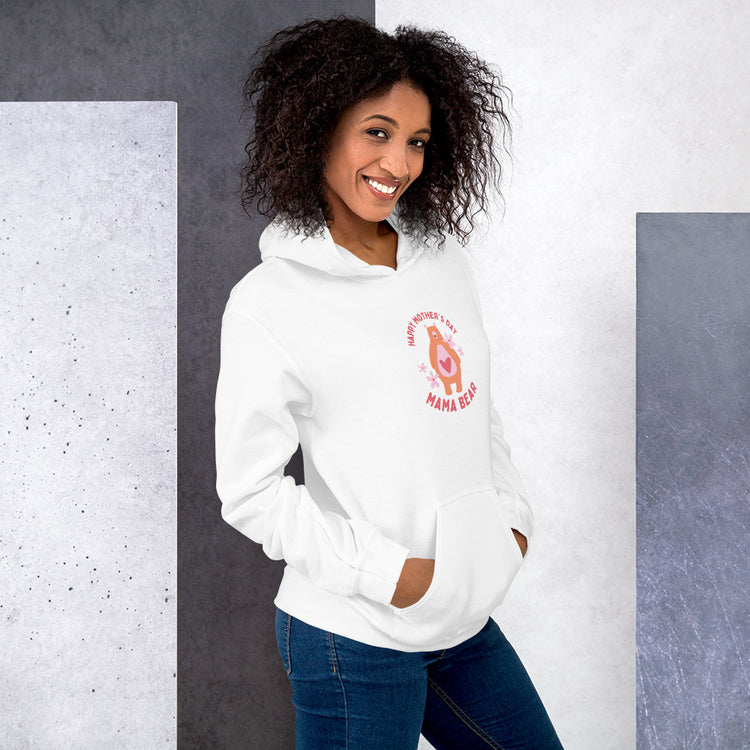 White unisex hoodie with kangaroo pocket and round chest graphic, long sleeves.
