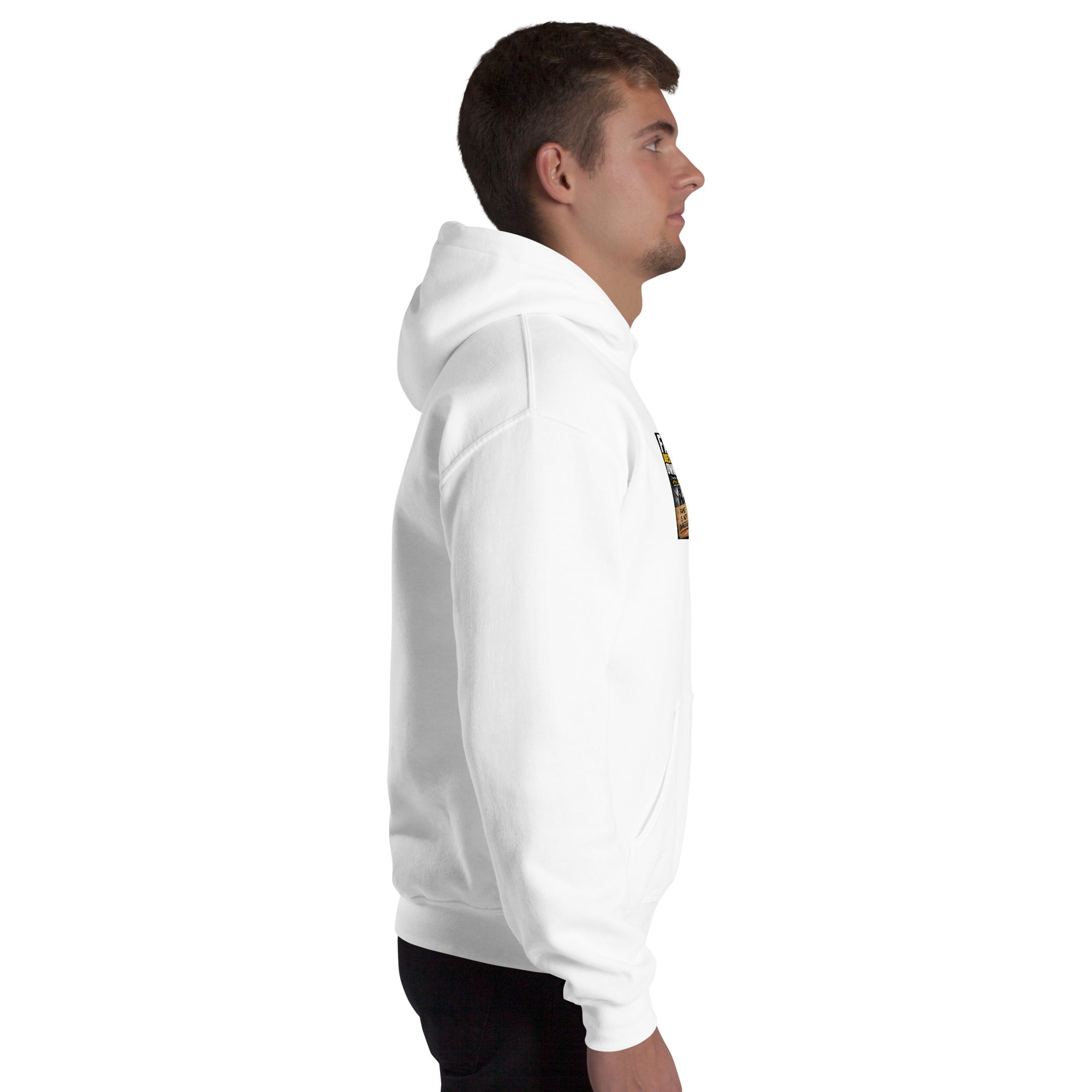 Unisex white hoodie, side profile view with hood and kangaroo pocket.
