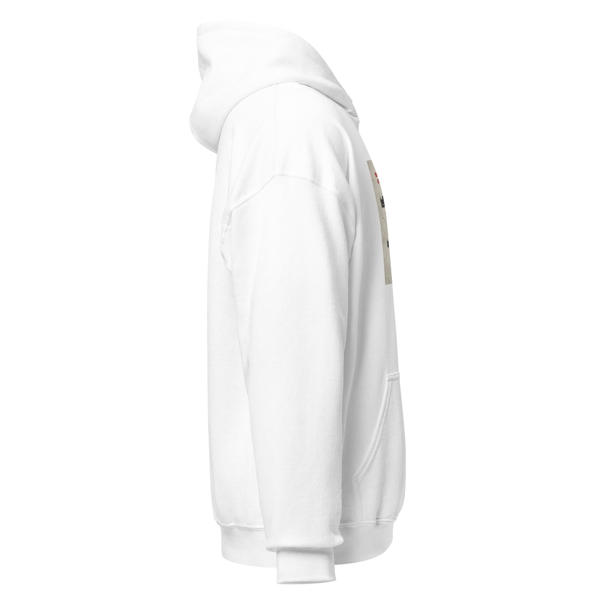 White unisex pullover hoodie, angled side view with hood and front pocket