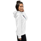 White pullover hoodie with kangaroo pocket and side view