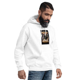 White unisex hoodie, hooded neckline and kangaroo pocket; printed chest artwork