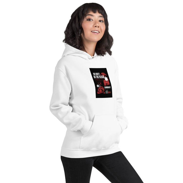 Unisex white pullover hoodie with centered front graphic print and kangaroo pocket