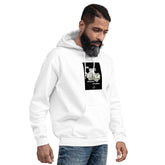 White unisex hoodie, side view, hood and chest graphic print