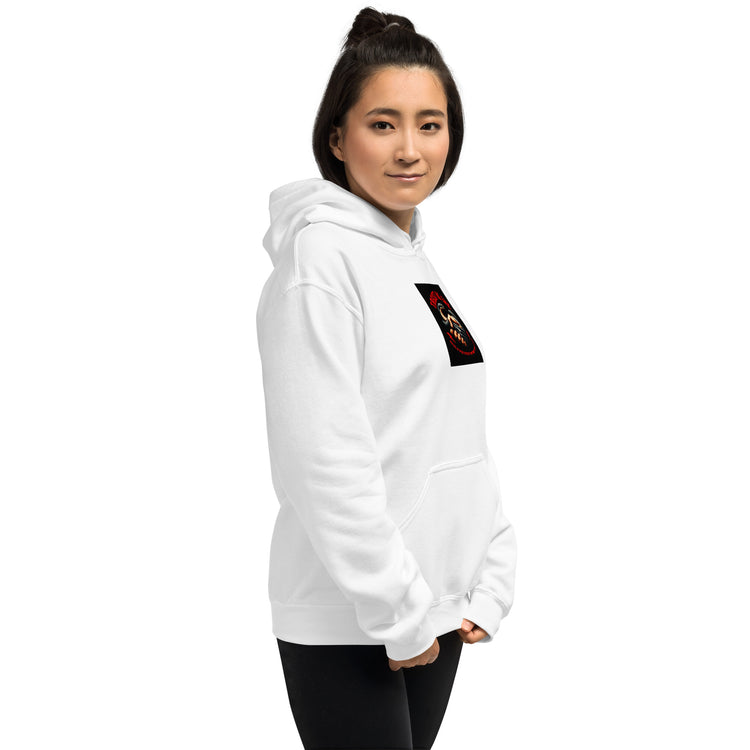 White unisex hoodie front view with hood, pocket, and chest graphic patch