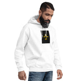 White unisex hoodie with front graphic, pullover hood and kangaroo pocket