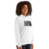 White unisex hoodie with hood and front photo graphic