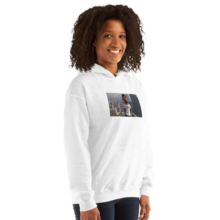 White unisex hoodie with hood and front photo graphic