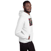 White unisex hoodie, side view with colorful square chest graphic and hood