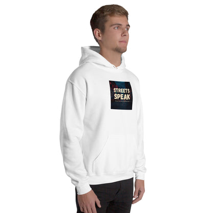 Unisex-Hoodie weiß, Frontansicht mit Kängurutasche und Print „STREETS SPEAK“