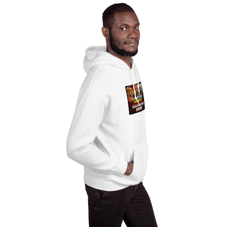 Black History Month unisex hoodie in white with hood, kangaroo pocket, side view, chest print