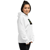 White unisex zip hoodie with hood and small chest graphic