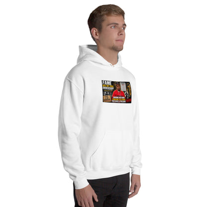 Unisex white hoodie with front chest graphic print and hood, side angle.