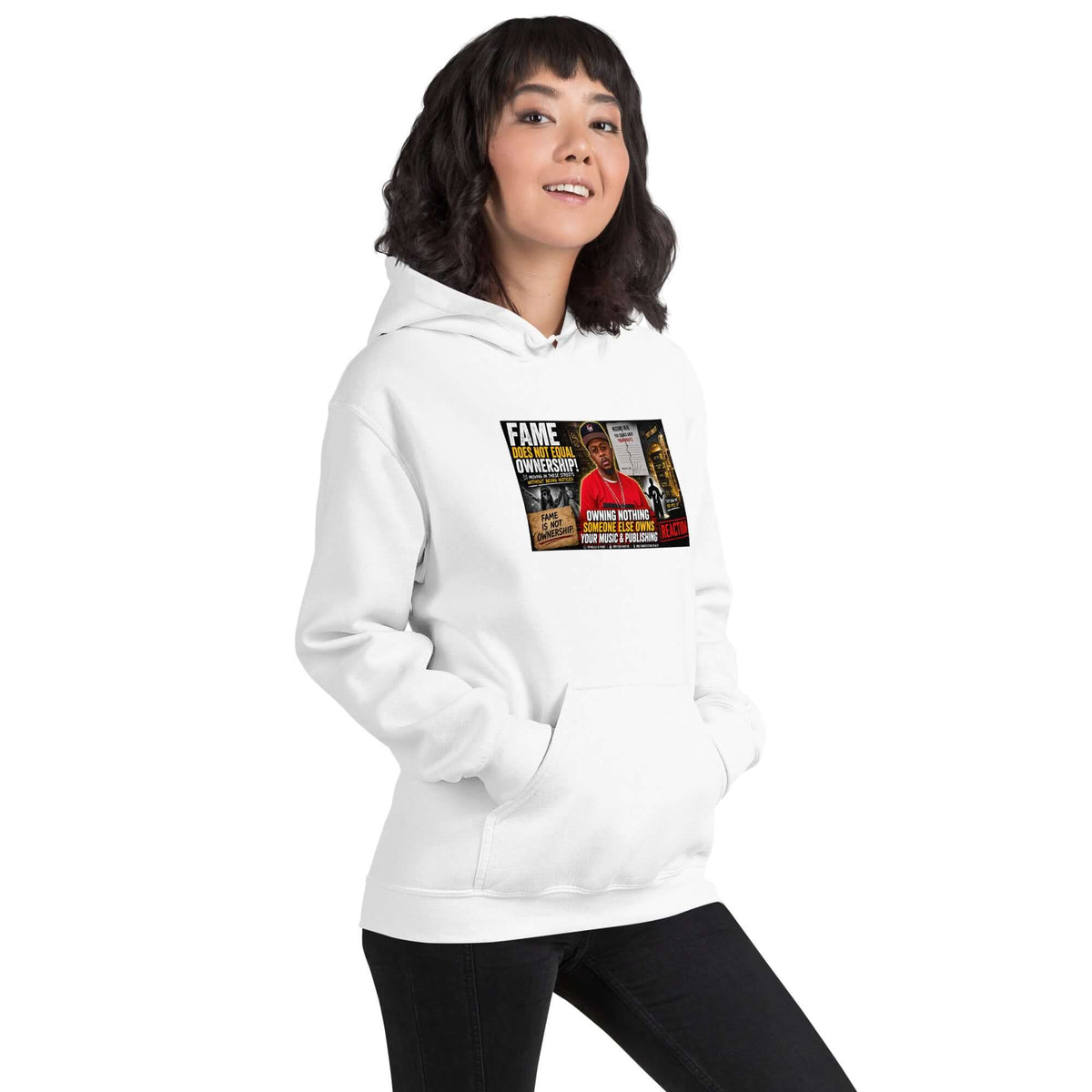 White pullover hoodie with front graphic print centered on chest