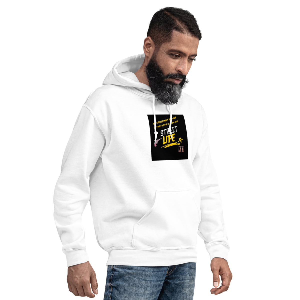 White unisex pullover hoodie with front graphic patch, hood, and kangaroo pocket