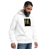 White unisex pullover hoodie with front graphic patch, hood, and kangaroo pocket