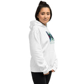White pullover hoodie with front graphic print and drawstring hood