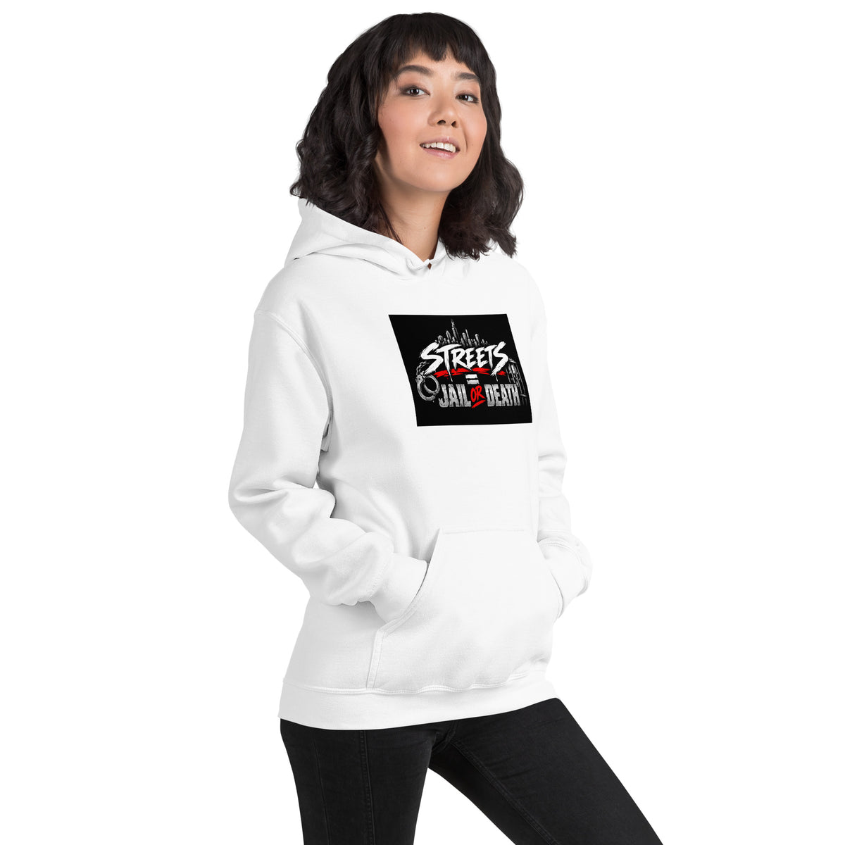 White unisex hoodie showing large chest graphic, kangaroo pocket, and hood drawstrings