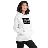 White unisex hoodie showing large chest graphic, kangaroo pocket, and hood drawstrings