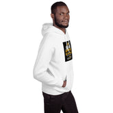White unisex hoodie with hood up and black logo graphic on chest