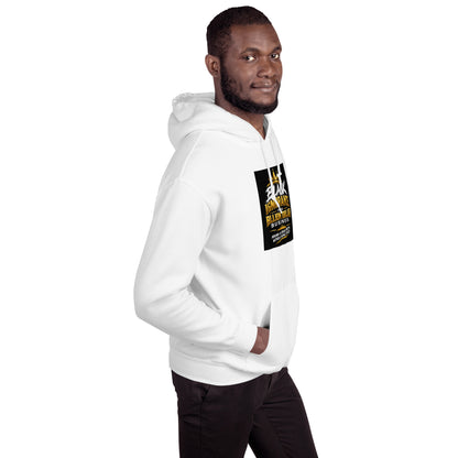 White unisex hoodie with hood up and black logo graphic on chest