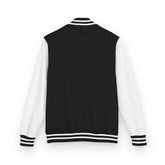 Heavyweight letterman jacket back view, black body with white sleeves and striped hem