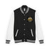 Heavyweight letterman jacket, black body with white sleeves and striped rib trim