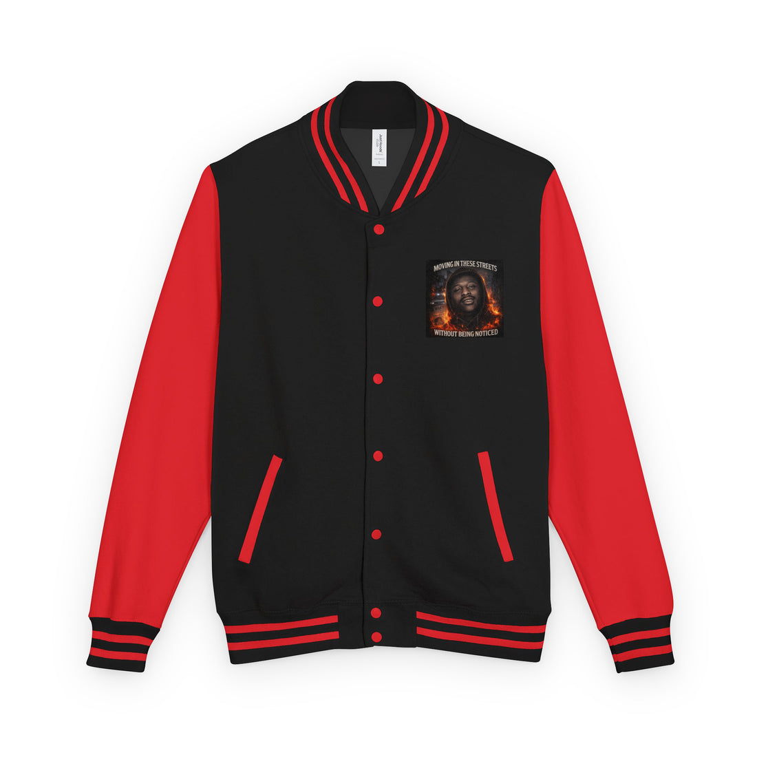 Streetwear jacket, black body with red sleeves, front button placket and chest graphic