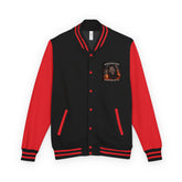 Streetwear jacket, black body with red sleeves, front button placket and chest graphic