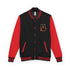 Streetwear jacket, black body with red sleeves, front button placket and chest graphic