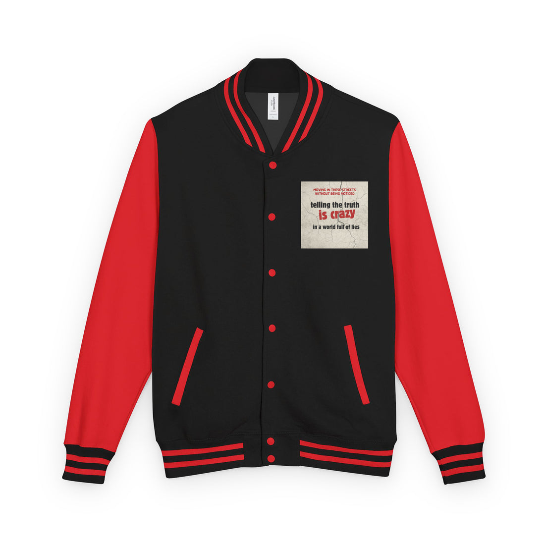 Black and red varsity jacket with snap buttons, ribbed collar, cuffs, and hem.