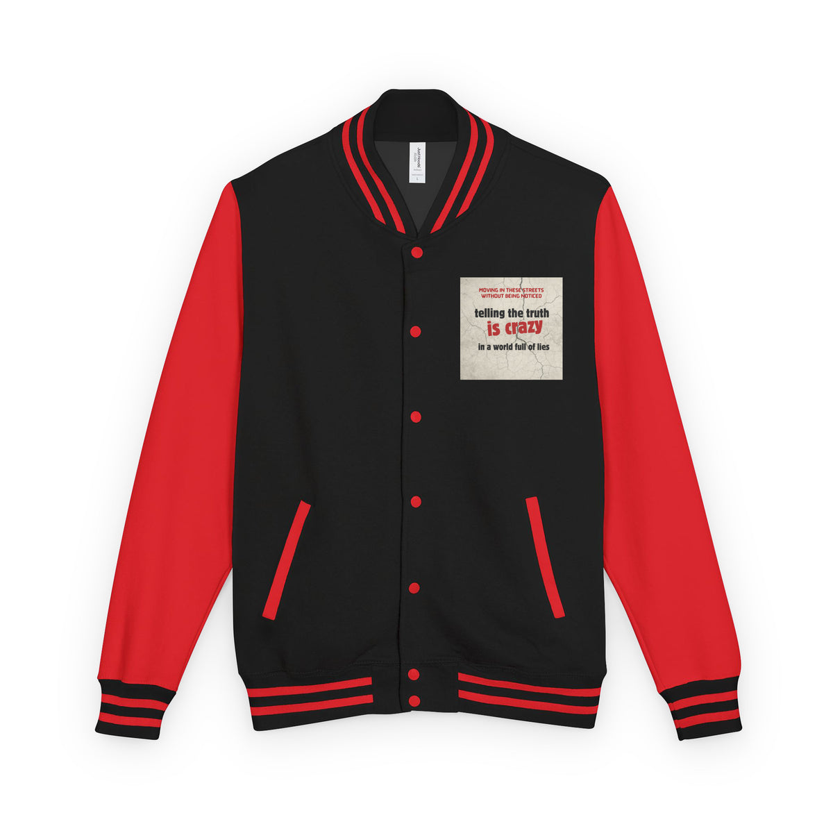 Black and red varsity jacket with snap buttons, ribbed collar, cuffs, and hem.