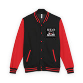 Black and red letterman jacket with button front and chest graphic patch