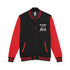 Black and red letterman jacket with button front and chest graphic patch