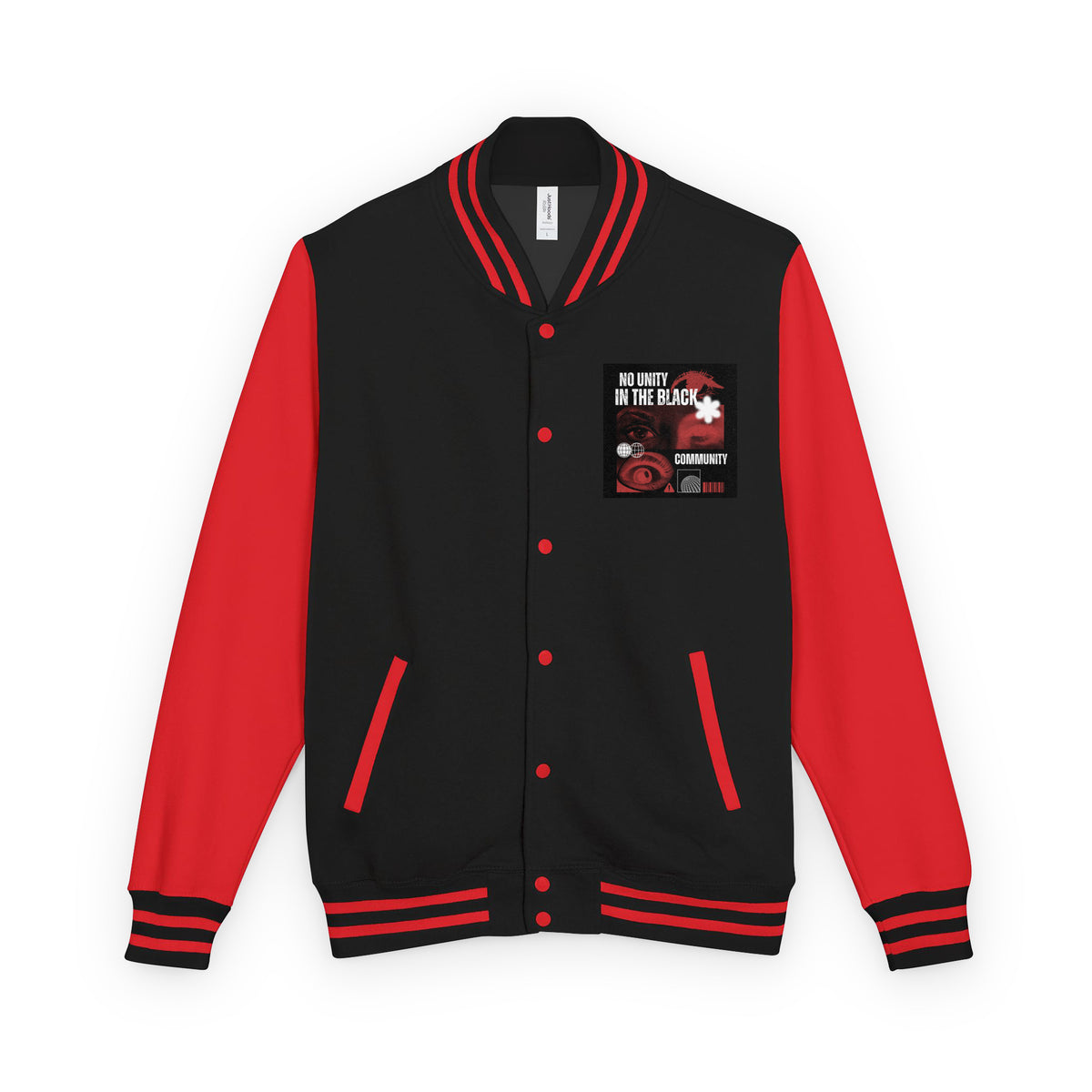 Black and red varsity jacket with button front and front graphic patch