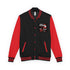 Black and red varsity jacket with button front and front graphic patch