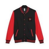 Black and red letterman jacket with front button placket and chest logo patch