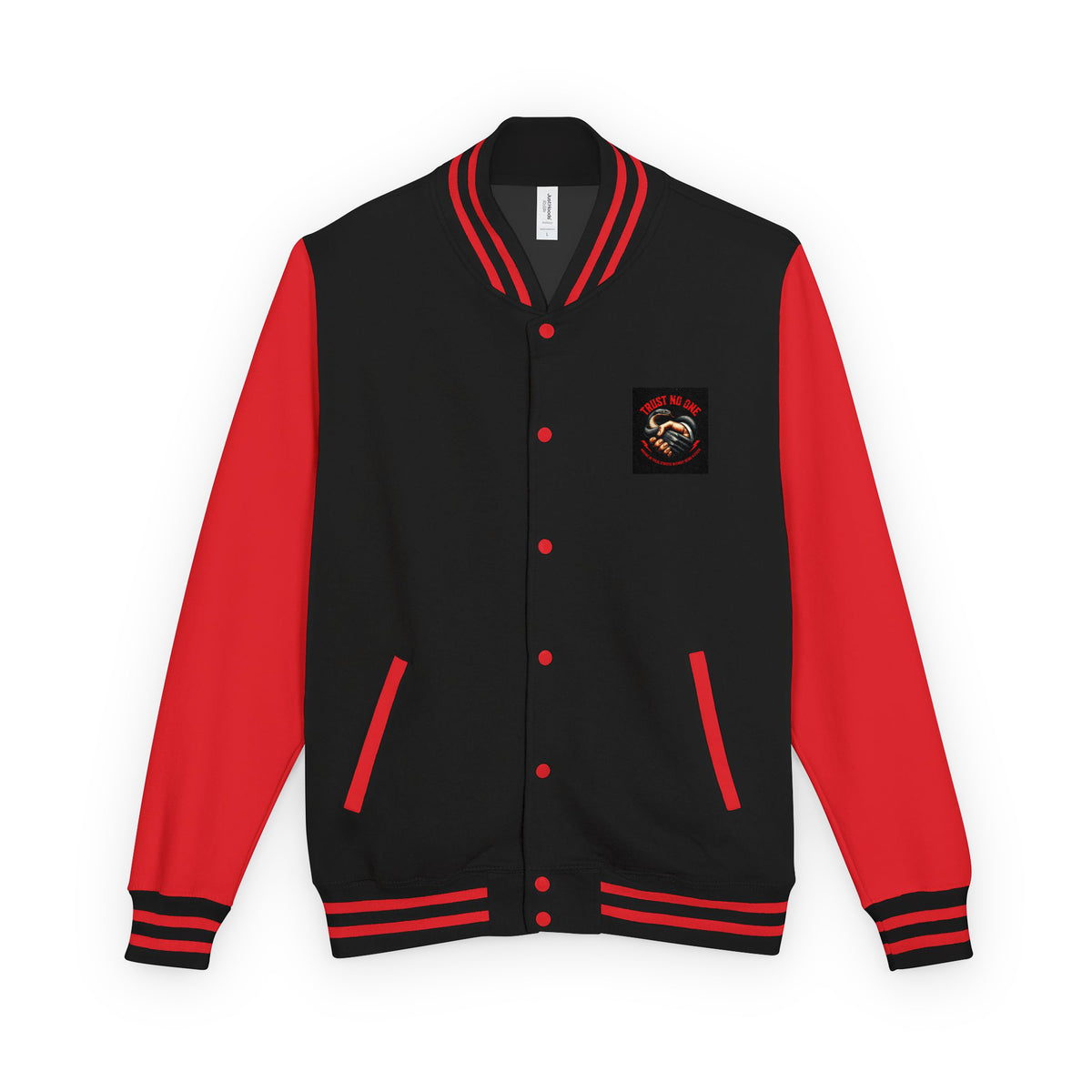 Black and red letterman jacket with front button placket and chest logo patch