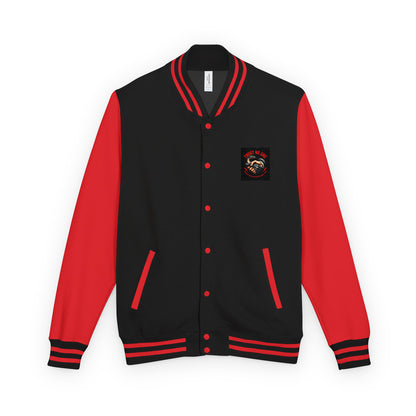Black and red letterman jacket with front button placket and chest logo patch