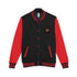 Black and red letterman jacket with front button placket and chest logo patch