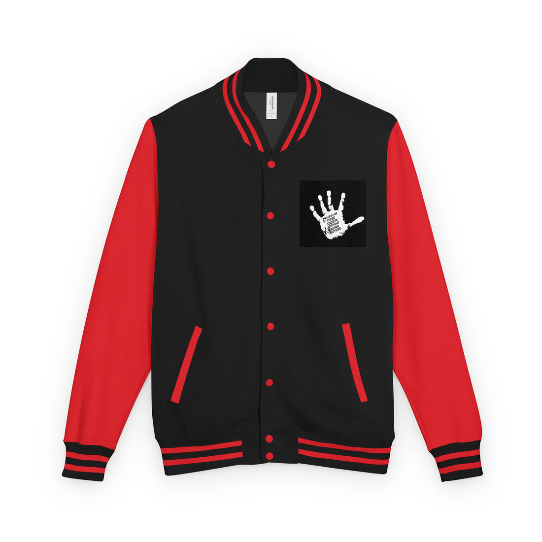 Black and red letterman jacket with ribbed collar, cuffs, and front hand graphic