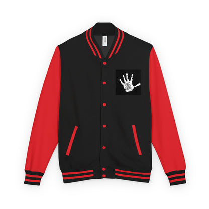 Black and red letterman jacket with ribbed collar, cuffs, and front hand graphic