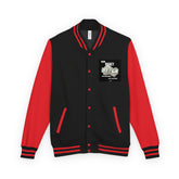 Black and red heavyweight letterman jacket with striped collar, cuffs, and button front