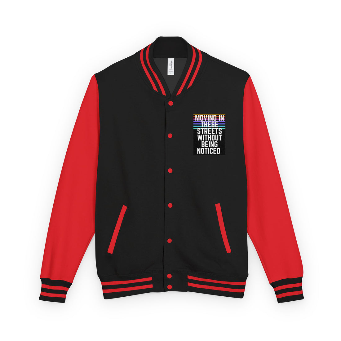 Black and red varsity jacket with button front, striped cuffs, and chest graphic