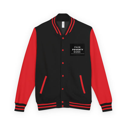 Heavyweight letterman jacket, black body with red sleeves, varsity stripes, button front