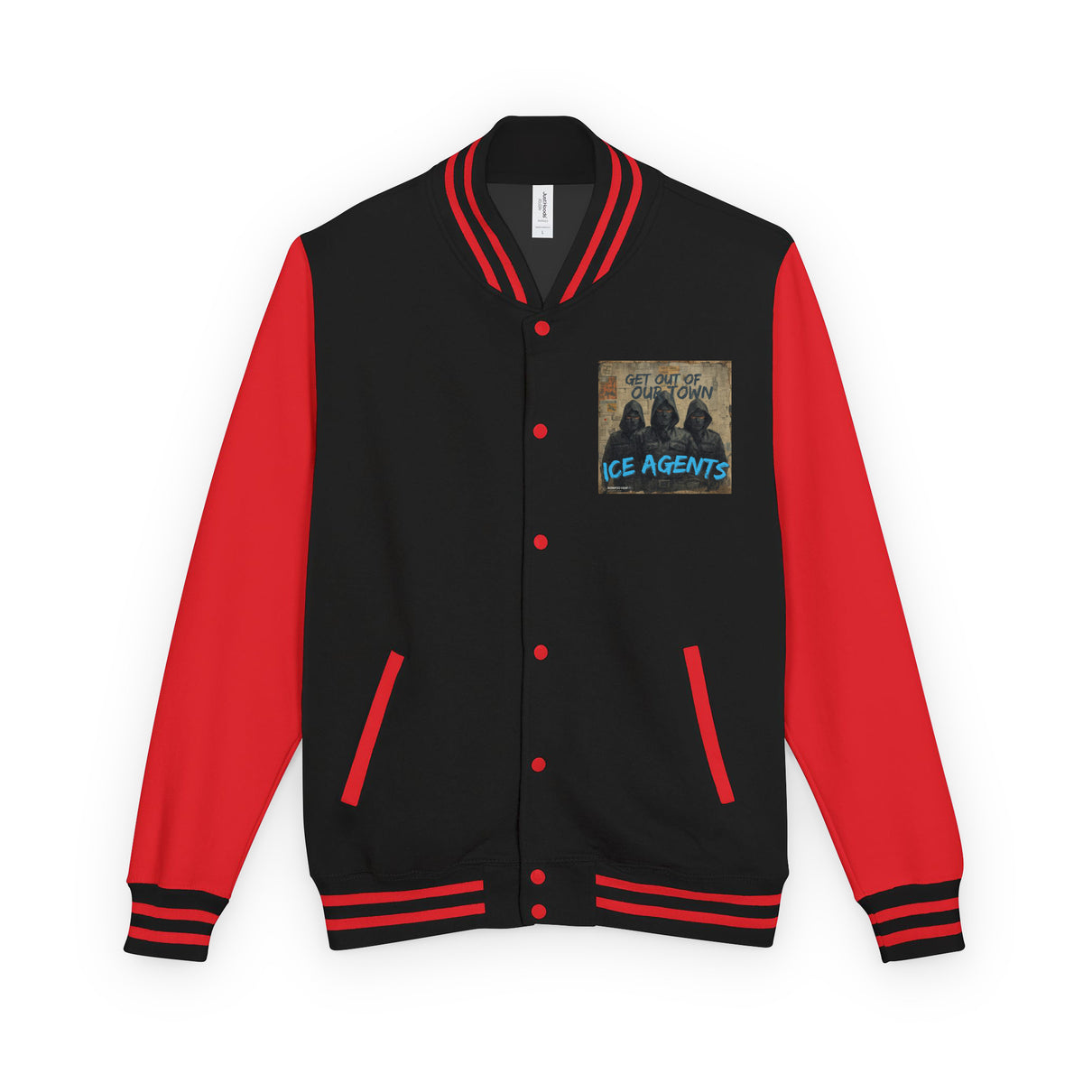 Black and red letterman jacket with snap buttons and striped rib trim, chest logo patch