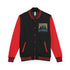 Black and red letterman jacket with snap buttons and striped rib trim, chest logo patch