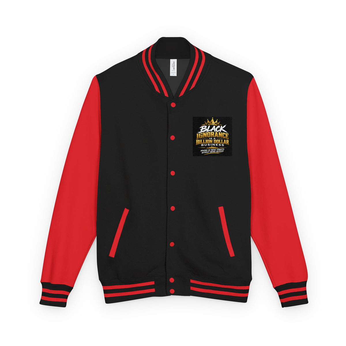 Heavyweight letterman jacket, black body with red sleeves and striped rib trim