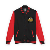 Heavyweight letterman jacket, black body with red sleeves and striped rib trim