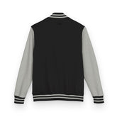 Heavyweight letterman jacket back view, black body with gray sleeves and striped hem