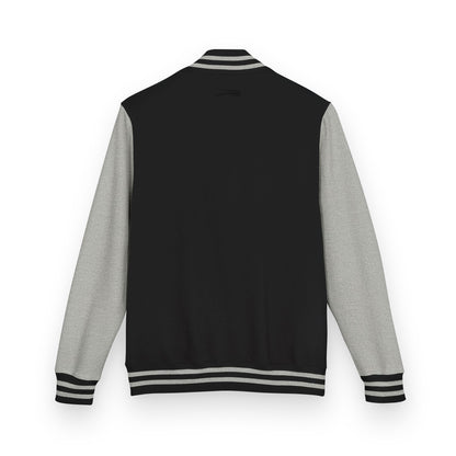 Heavyweight letterman jacket back view, black body with gray sleeves and striped hem